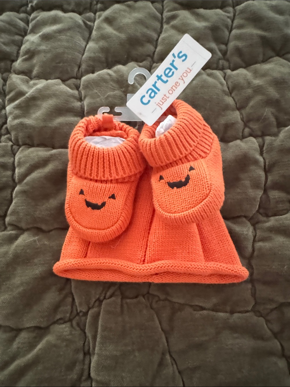 Carter's Bright Orange Knit booties with a knit pumpkin baby hat.